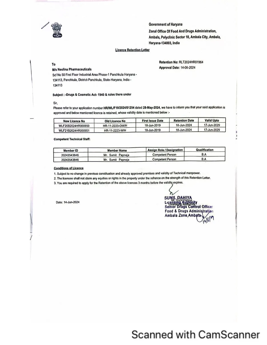 Neolina Pharmaceuticals Drug Licence (Wholesale)